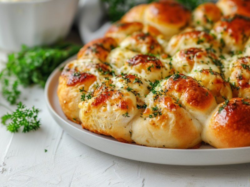 Ein Bubble Bread mit Kräuterbutter und Käse auf einem Teller.