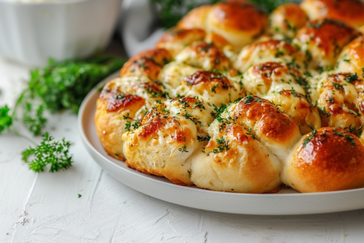 Ein Bubble Bread mit Kräuterbutter und Käse auf einem Teller.