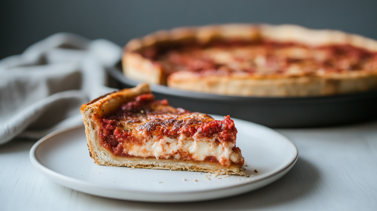 Ein Stück Chicago Deep Dish Pizza auf einem Teller, im Hintergrund unscharf die restliche Pizza und ein Geschirrtuch.