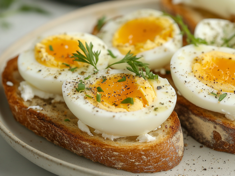 2 Ei-Toasts mit Joghurt-FrischkÃ¤se-Aufstrich auf einem Teller, mit KrÃ¤utern bestreut.