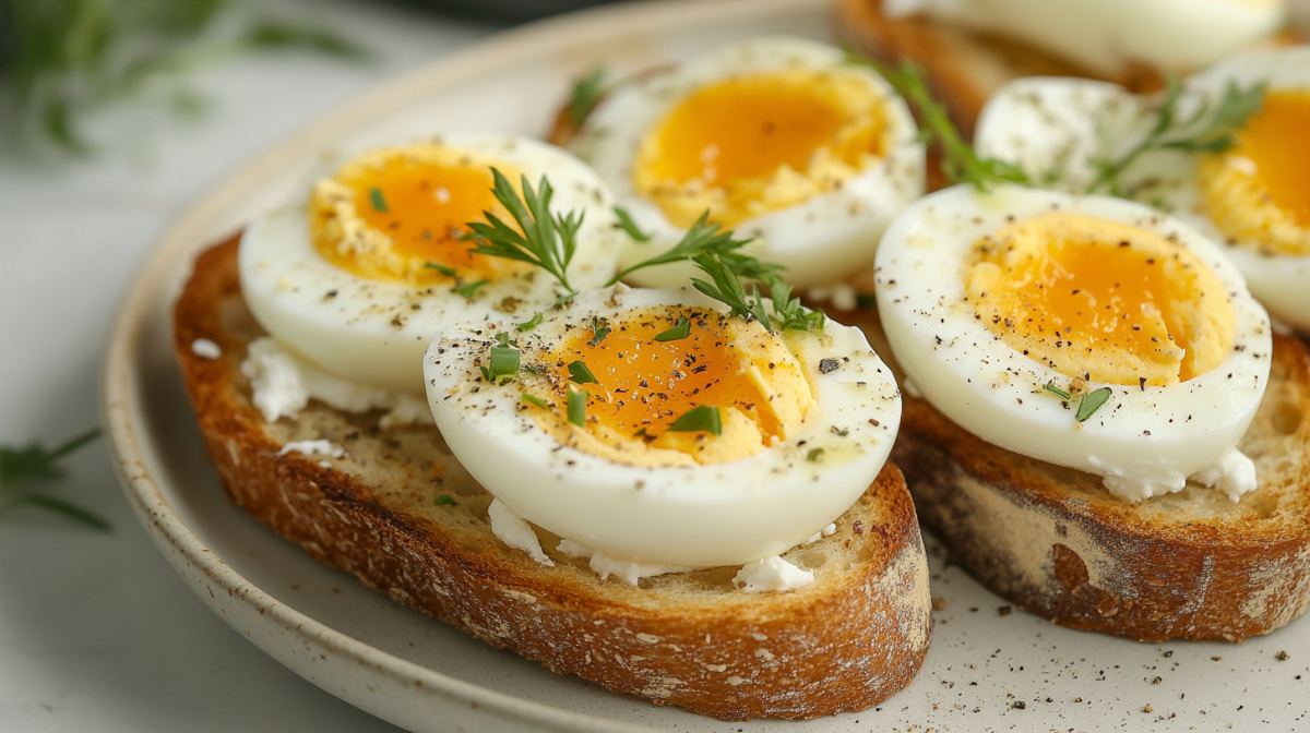 2 Ei-Toasts mit Joghurt-FrischkÃ¤se-Aufstrich auf einem Teller, mit KrÃ¤utern bestreut.