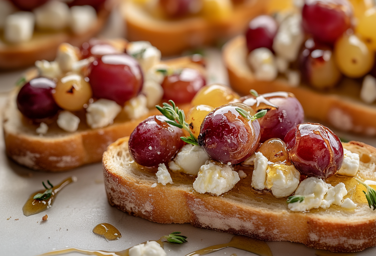 Mehrere Scheiben Feta-Trauben-Bruschetta mit Thymian und Honig.