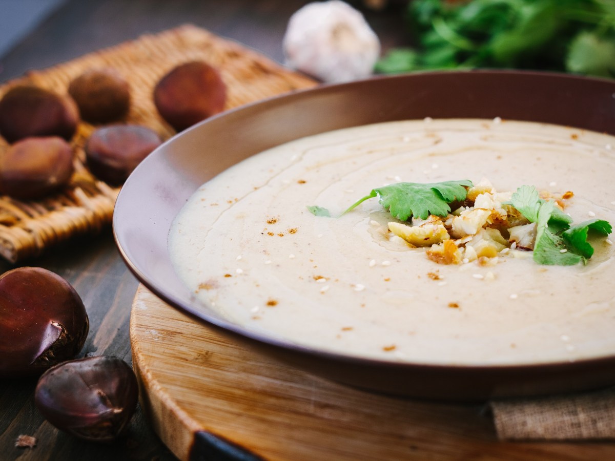 Ein Teller französische Maronensuppe garniert mit Maronen und Kräutern, drumherum Esskastanien.