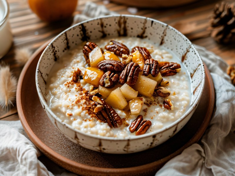 Schale mit FrÃ¼hstÃ¼cksbrei mit karamellisierten Ã„pfeln