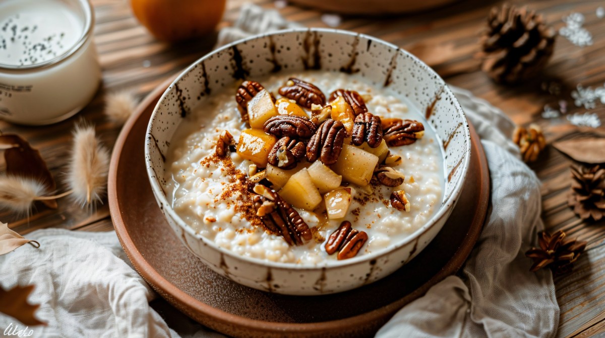 Schale mit FrÃ¼hstÃ¼cksbrei mit karamellisierten Ã„pfeln