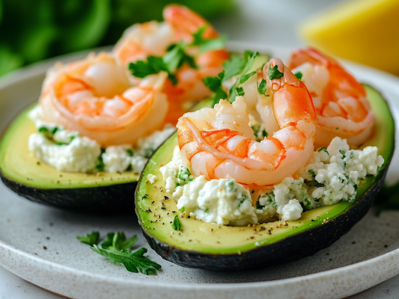 Zwei gefÃ¼llte Avocados mit HÃ¼ttenkÃ¤se und Garnelen auf einem Teller.