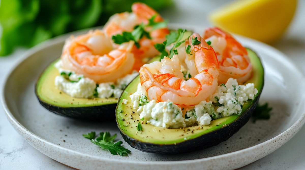 Zwei gefÃ¼llte Avocados mit HÃ¼ttenkÃ¤se und Garnelen auf einem Teller.