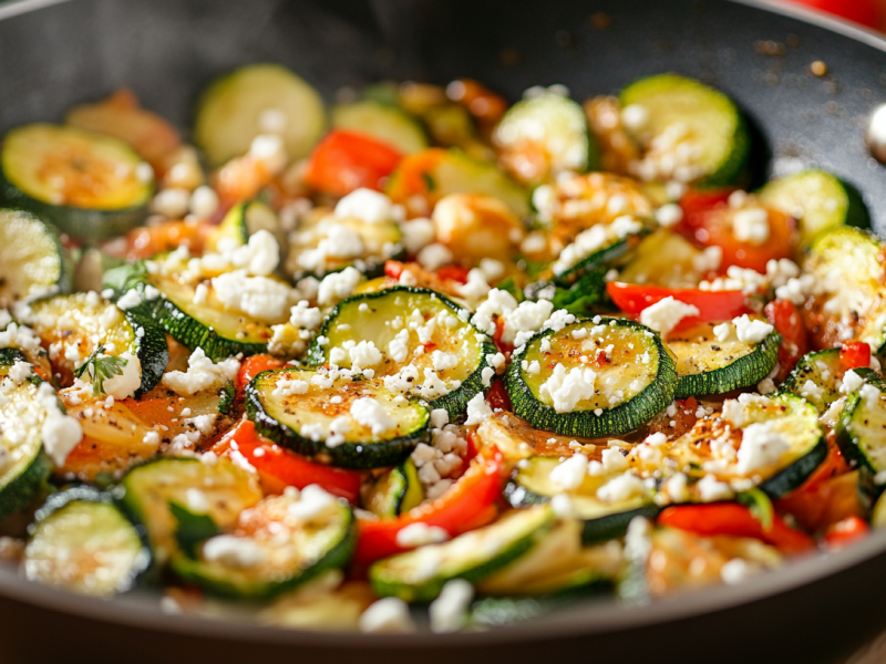 Gemüsepfanne mit Feta, Zucchini und Paprika, Nahaufnahme.