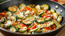 Gemüsepfanne mit Feta, Zucchini und Paprika, Nahaufnahme.