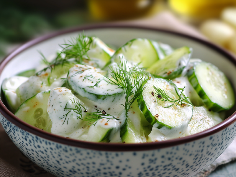 Schale mit Gurkensalat mit Zitronen-Joghurt-Dressing