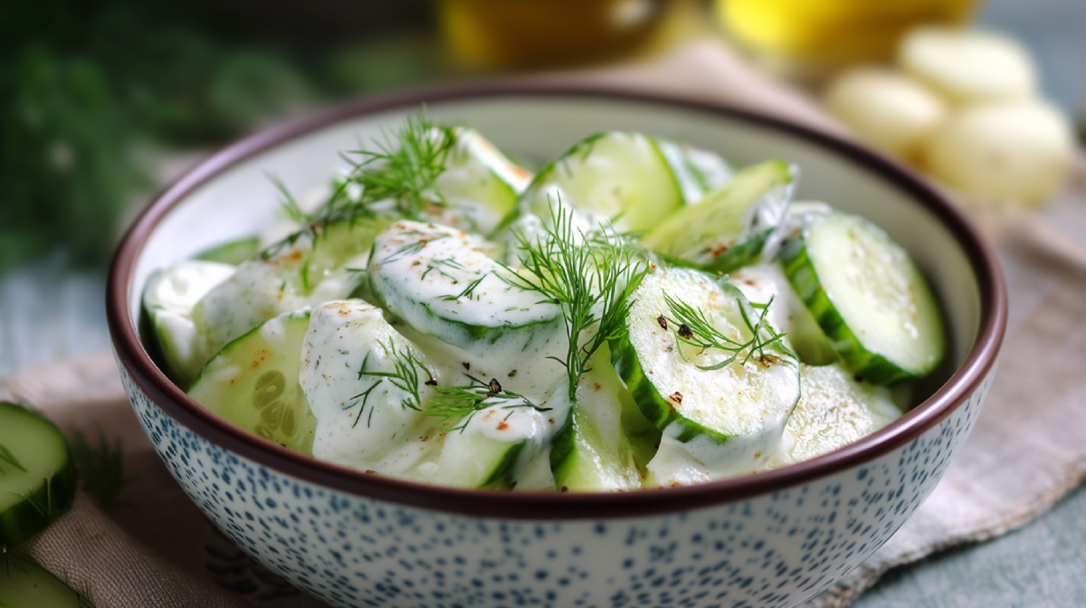 Schale mit Gurkensalat mit Zitronen-Joghurt-Dressing