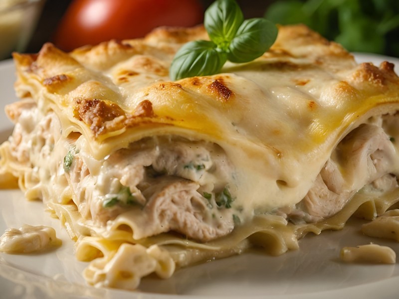 Teller mit einem Stück Hähnchen-Lasagne Alfredo