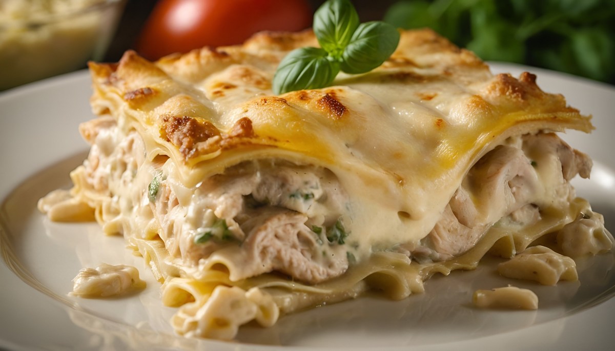 Teller mit einem StÃ¼ck HÃ¤hnchen-Lasagne Alfredo