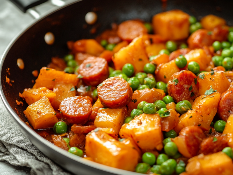 Kürbis-Erbsen-Pfanne mit Chorizo, Nahaufnahme.