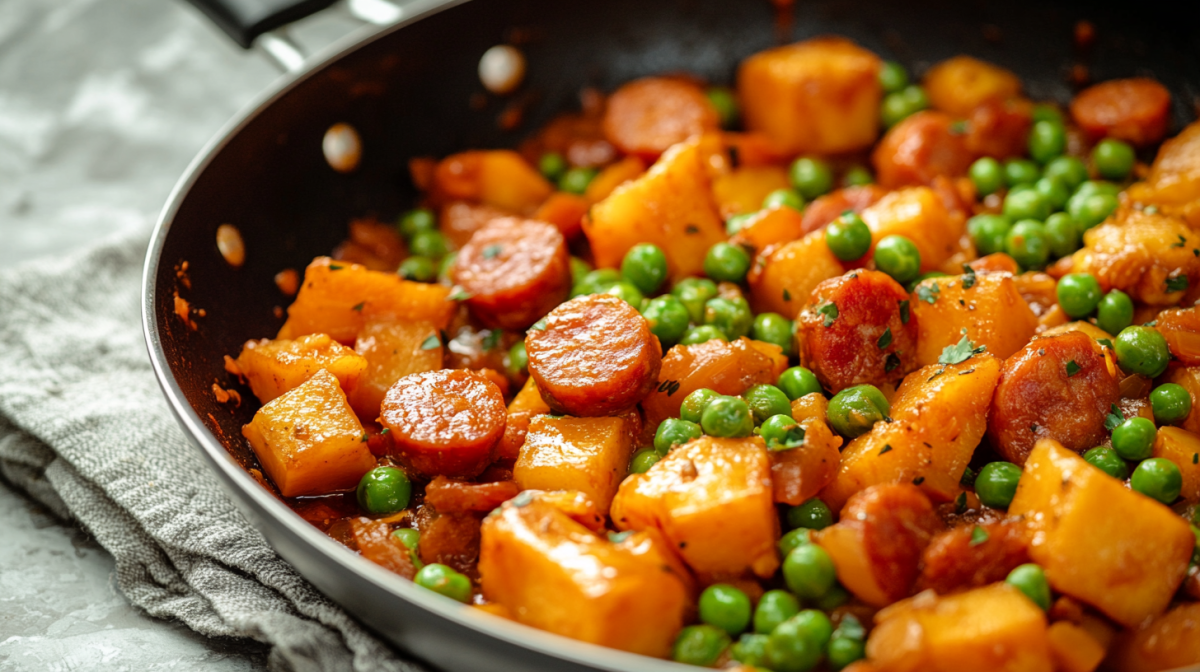 KÃ¼rbis-Erbsen-Pfanne mit Chorizo, Nahaufnahme.