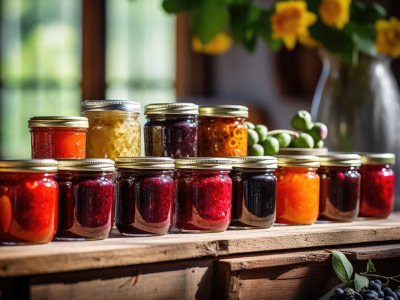 Verschiedene GlÃ¤ser mit Marmelade auf einem Tisch