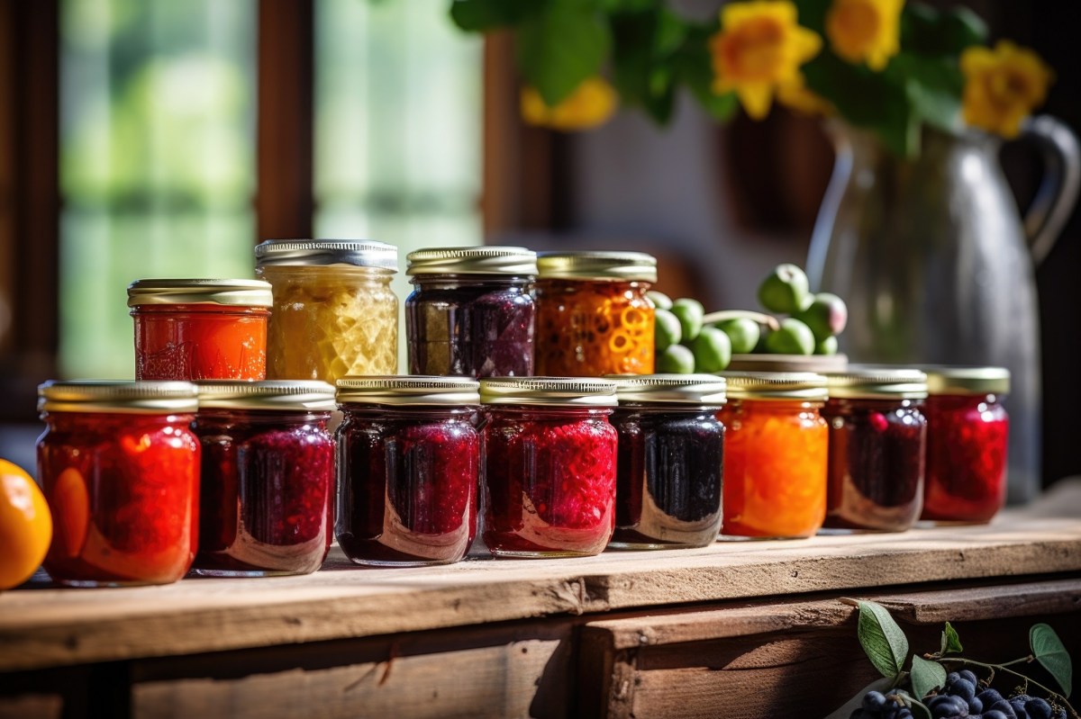 Verschiedene GlÃ¤ser mit Marmelade auf einem Tisch