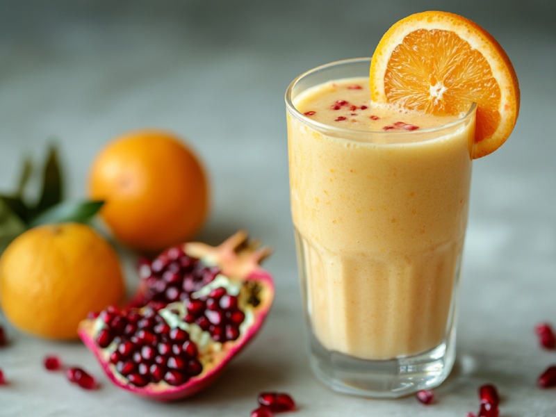 Glas mit Orangen-Granatapfel-Smoothie, Orangen und Granatapfel daneben