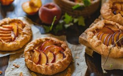 Mehrere Pfirsich-Galettes. Im Hintergrund liegen frische Pfirsiche.