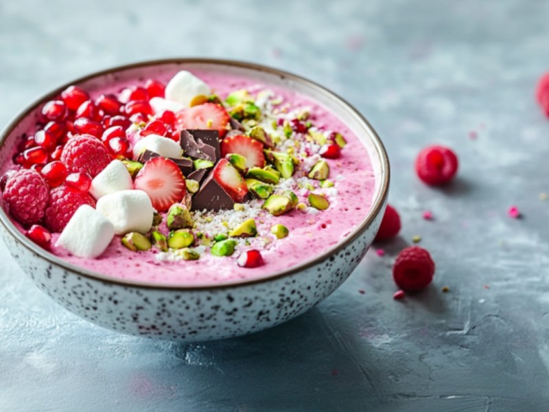 Eine SchÃ¼ssel Pink Porridge mit Toppings.