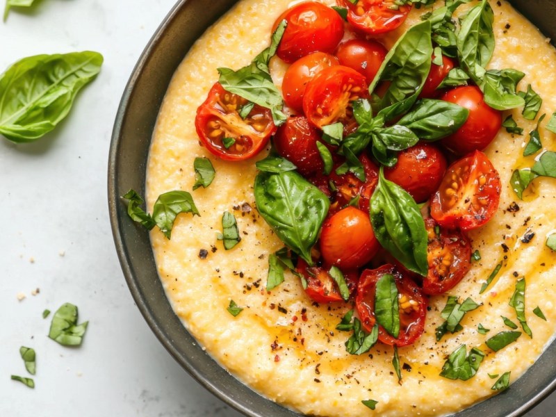 Eine Schüssel mit Polenta mit Tomaten und Basilikum in der Draufsicht.