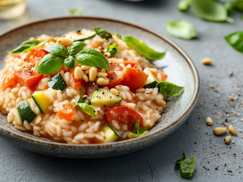 Teller mit Risotto mit mediterranem GemÃ¼se