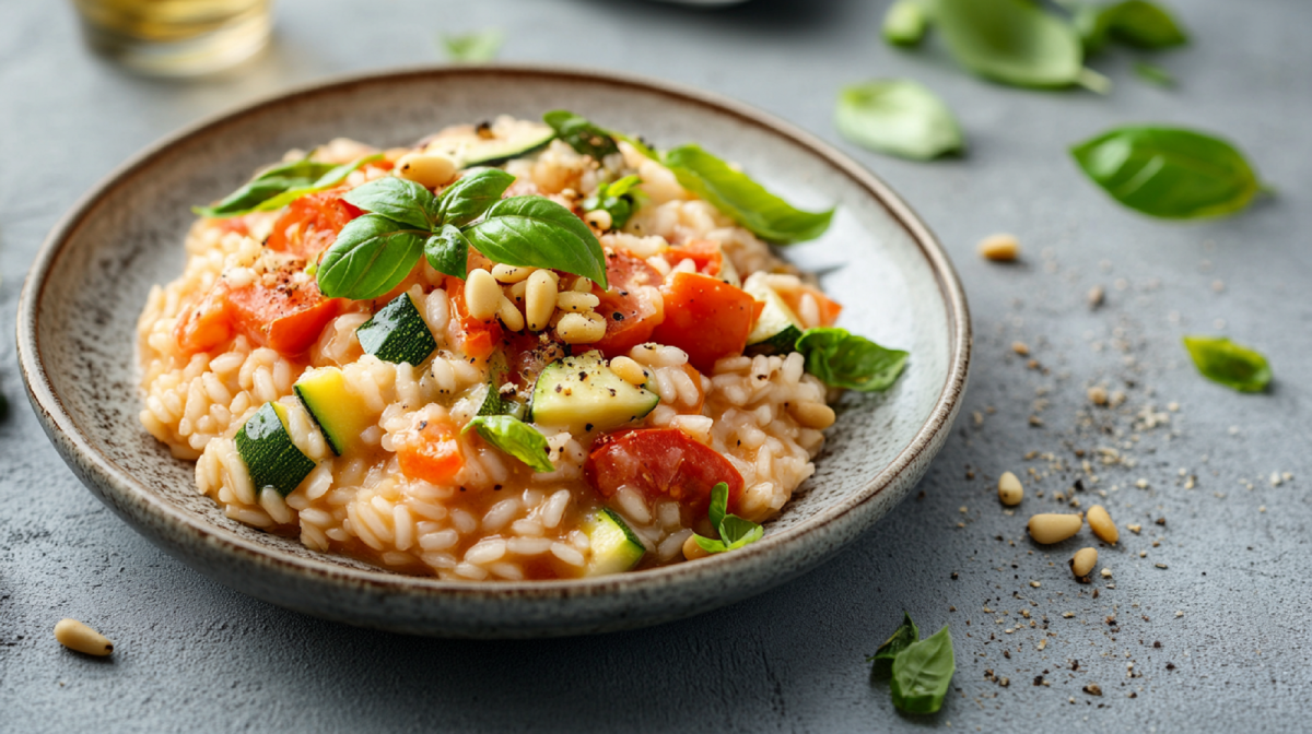 Teller mit Risotto mit mediterranem GemÃ¼se