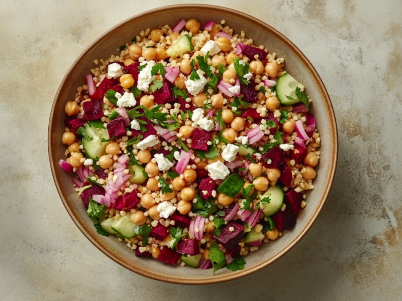 Eine Schüssel Rote-Bete-Salat mit Couscous und Feta in der Draufsicht.