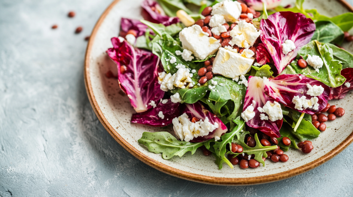 Ein Teller Rucola-Radicchio-Salat mit Linsen und FetawÃ¼rfeln. Nahaufnahme.