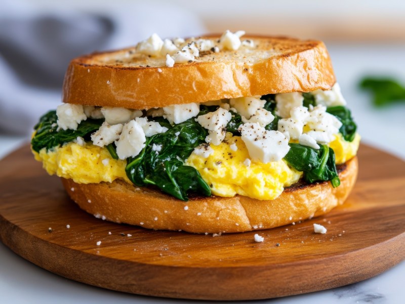 RÃ¼hrei-Feta-Toast auf einem Brett