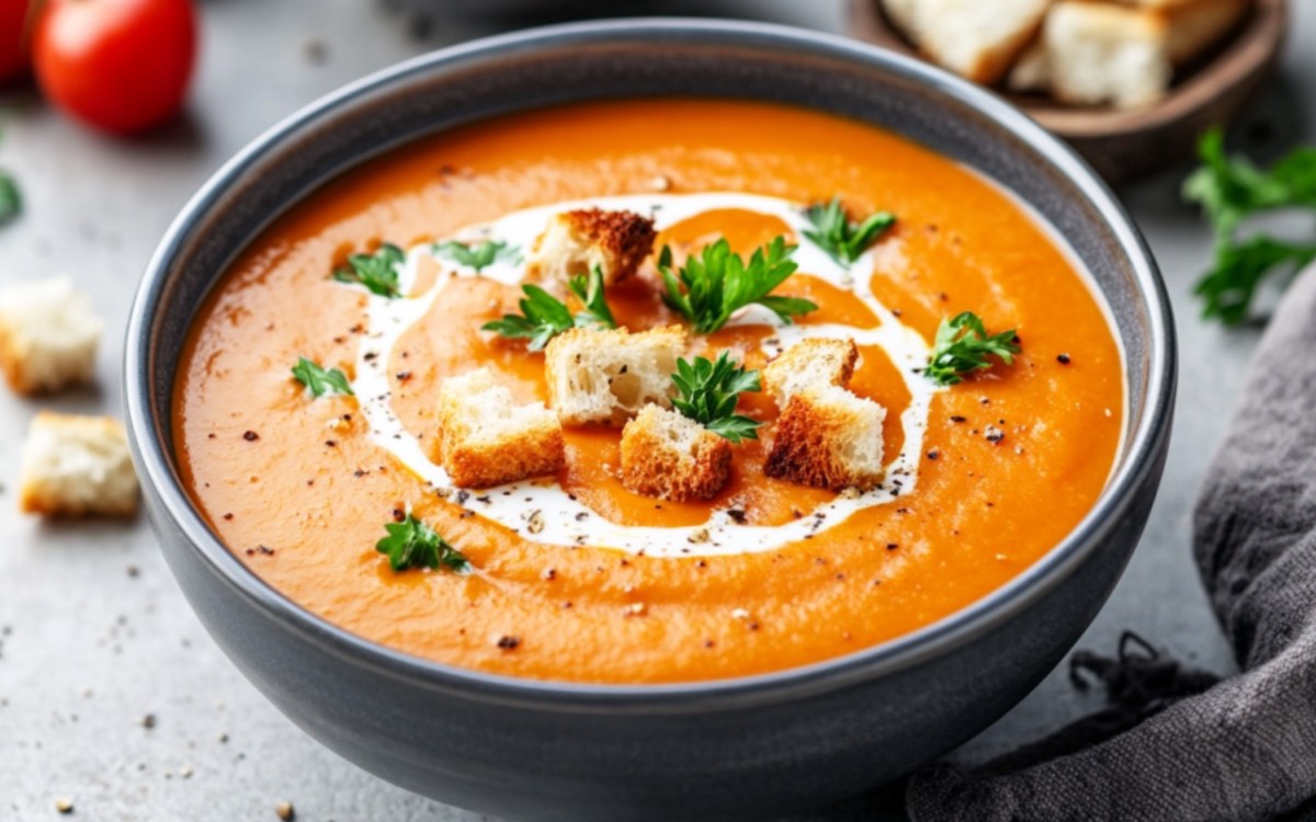 Eine SchÃ¼ssel SÃ¼ÃŸkartoffel-Tomaten-Suppe mit CroÃ»tons.