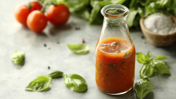 Flasche mit Tomaten-Basilikum-Vinaigrette