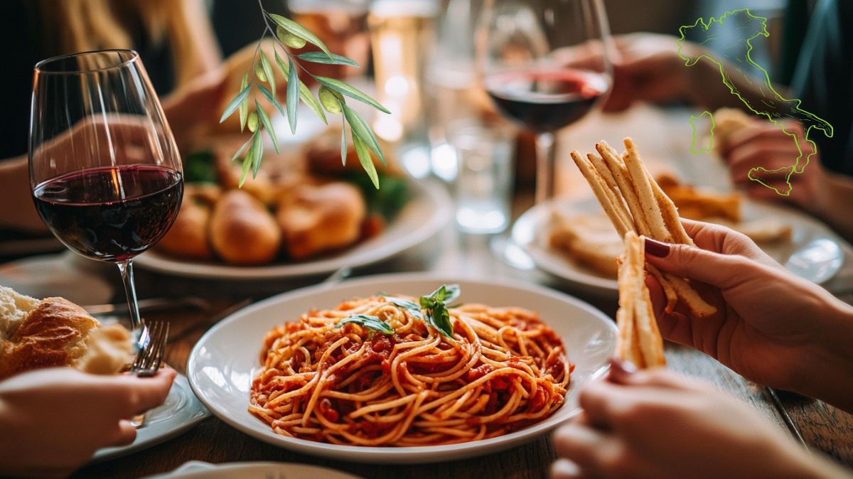 Unbekannte italienische Gerichte: Eine Gruppe Menschen genießt die italienische Küche.