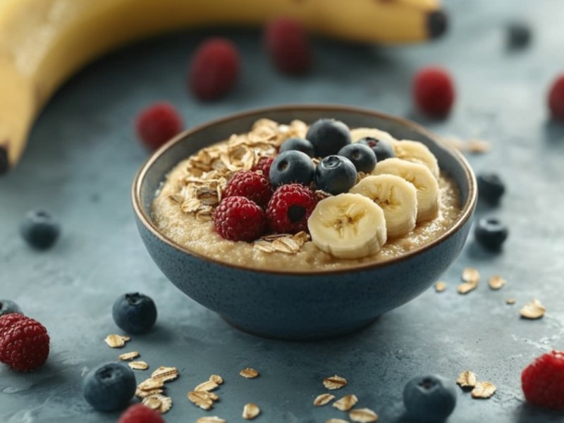 Eine Schale mit Bananen-GrieÃŸpudding. Drumherum liegen frische Beeren und Bananen.