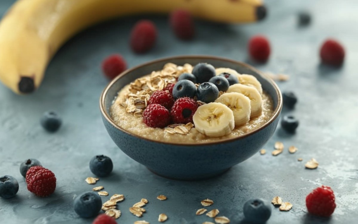 Eine Schale mit Bananen-GrieÃŸpudding. Drumherum liegen frische Beeren und Bananen.