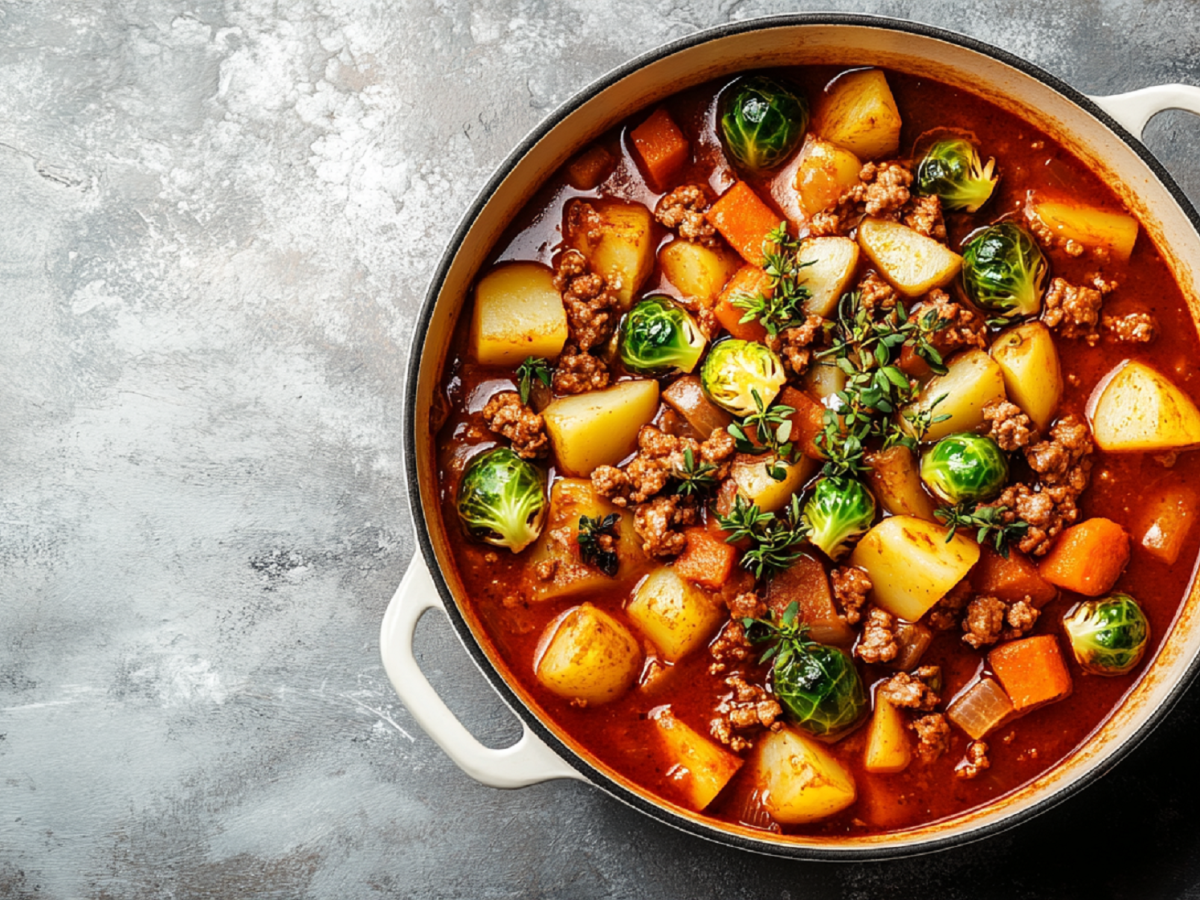 Bauerntopf mit Rosenkohl und Hackfleisch: ein warmer Eintopf fÃ¼r kalte Tage