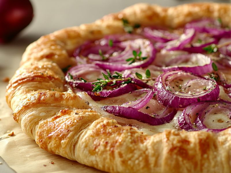 BlÃ¤tterteig-Zwiebel-Galette auf einem Tisch