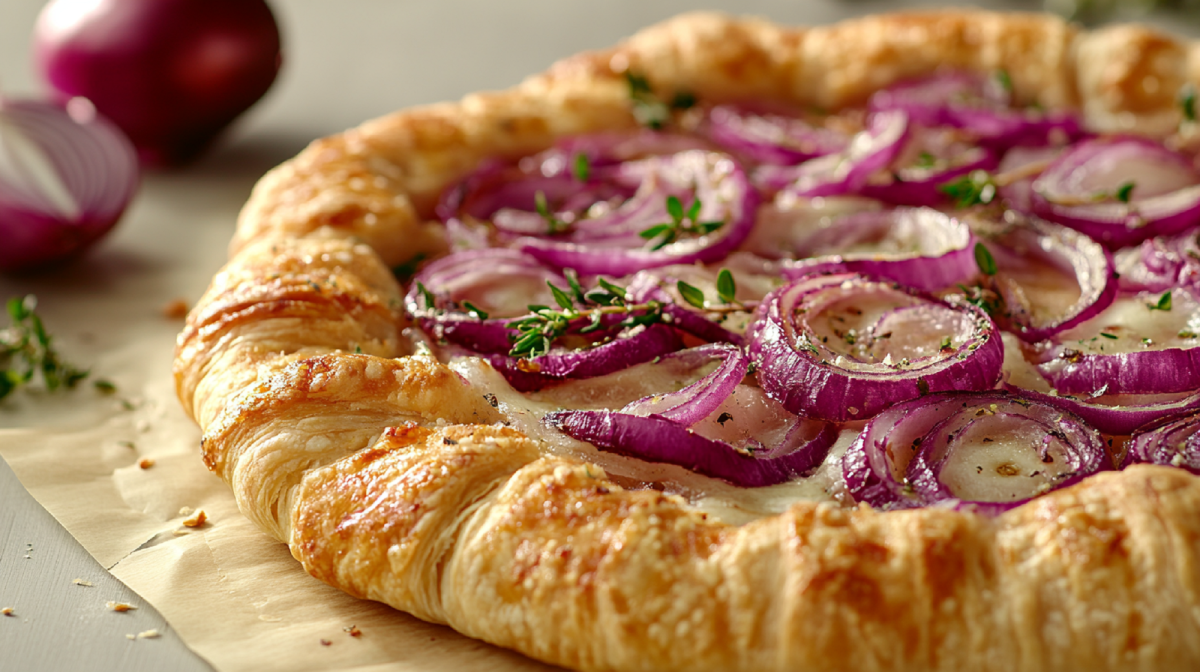 BlÃ¤tterteig-Zwiebel-Galette auf einem Tisch