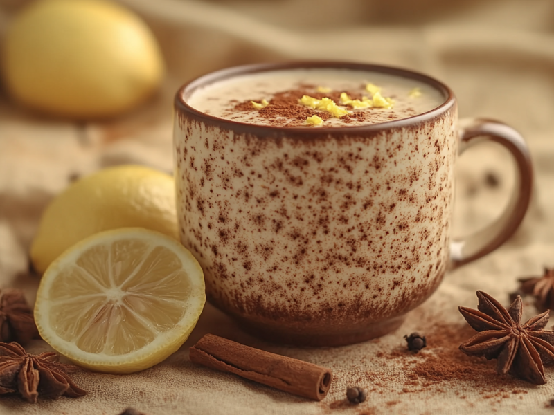 Eine Tasse Chai Latte mit Zitrone. Daneben liegen GewÃ¼rze.