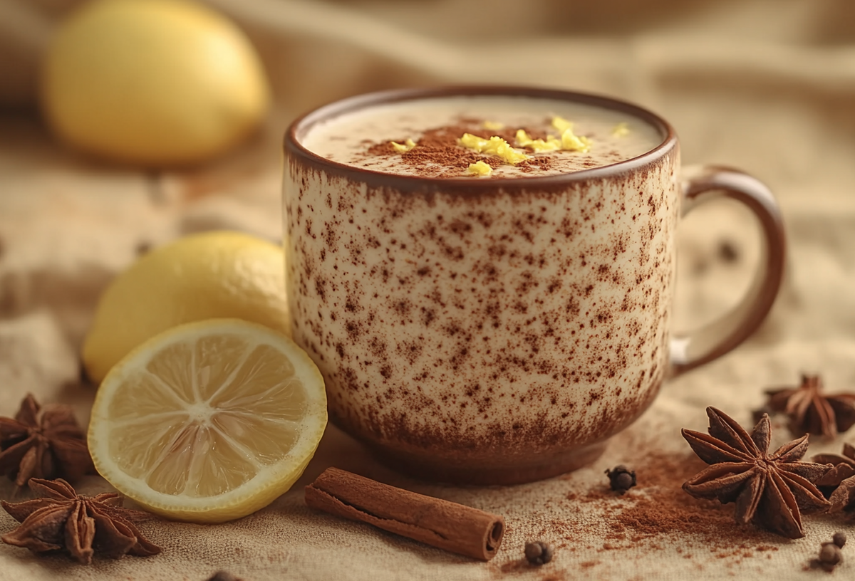 Eine Tasse Chai Latte mit Zitrone. Daneben liegen GewÃ¼rze.