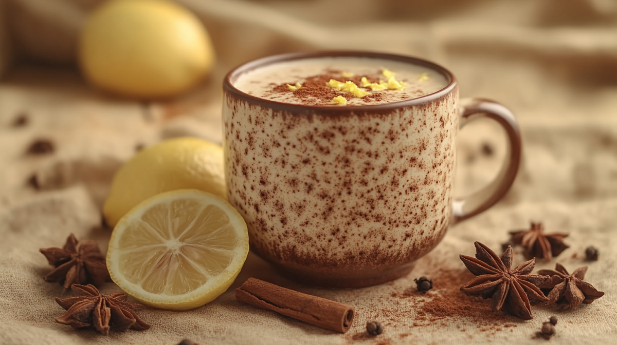 Eine Tasse Chai Latte mit Zitrone. Daneben liegen GewÃ¼rze.