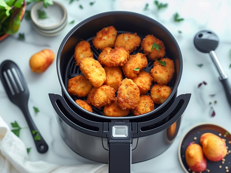 Chicken Nuggets aus der HeiÃŸluftfritteuse: ein Korb mit Chicken Nuggets steht auf einem Tisch mit Tischdecke.