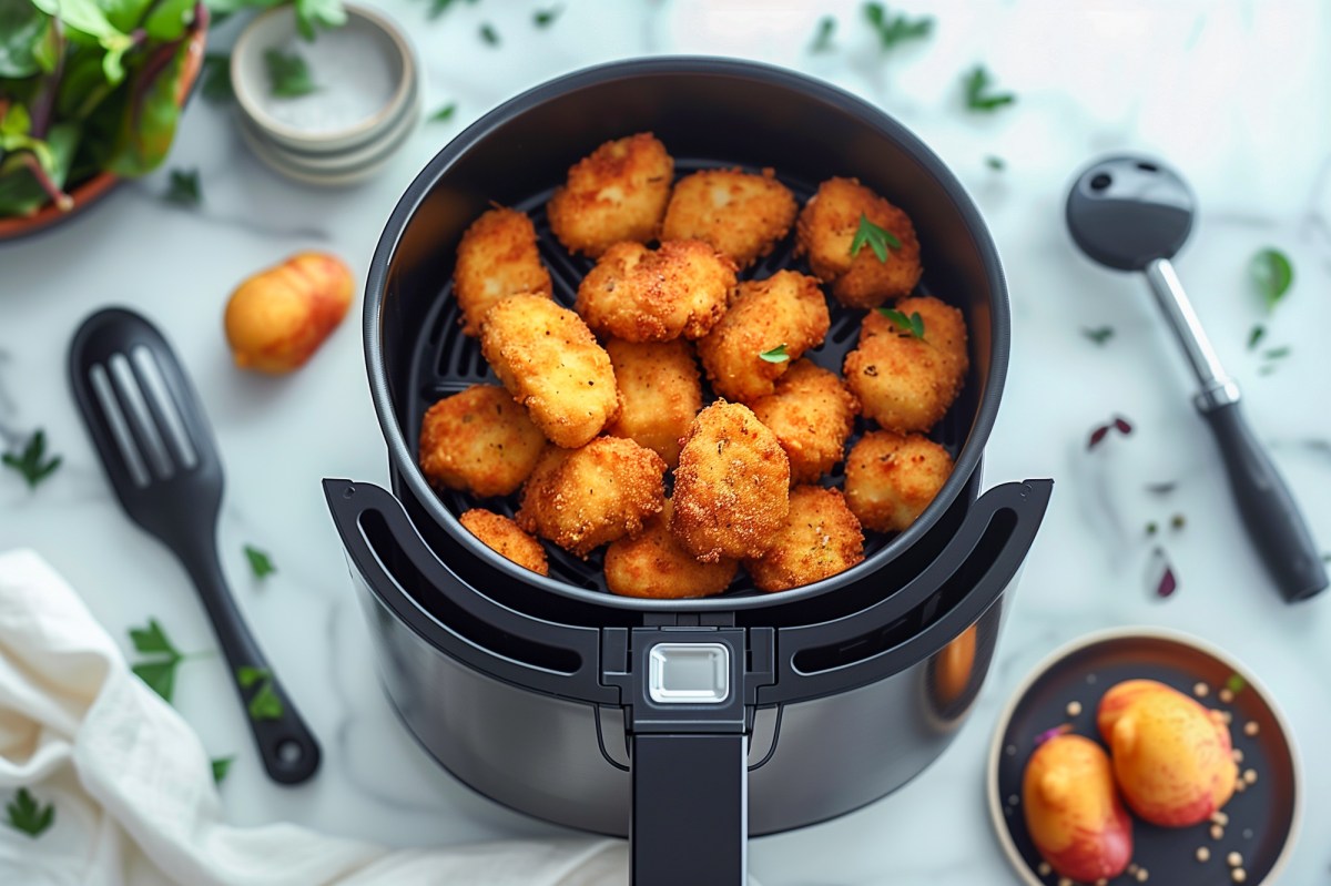 Chicken Nuggets aus der HeiÃŸluftfritteuse: ein Korb mit Chicken Nuggets steht auf einem Tisch mit Tischdecke.