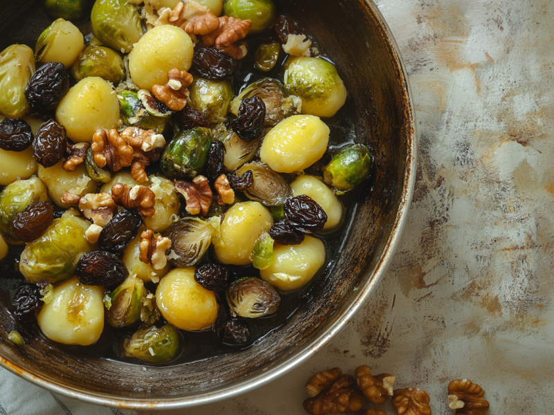 Eine Gnocchi-Rosenkohl-Pfanne in der Draufsicht.