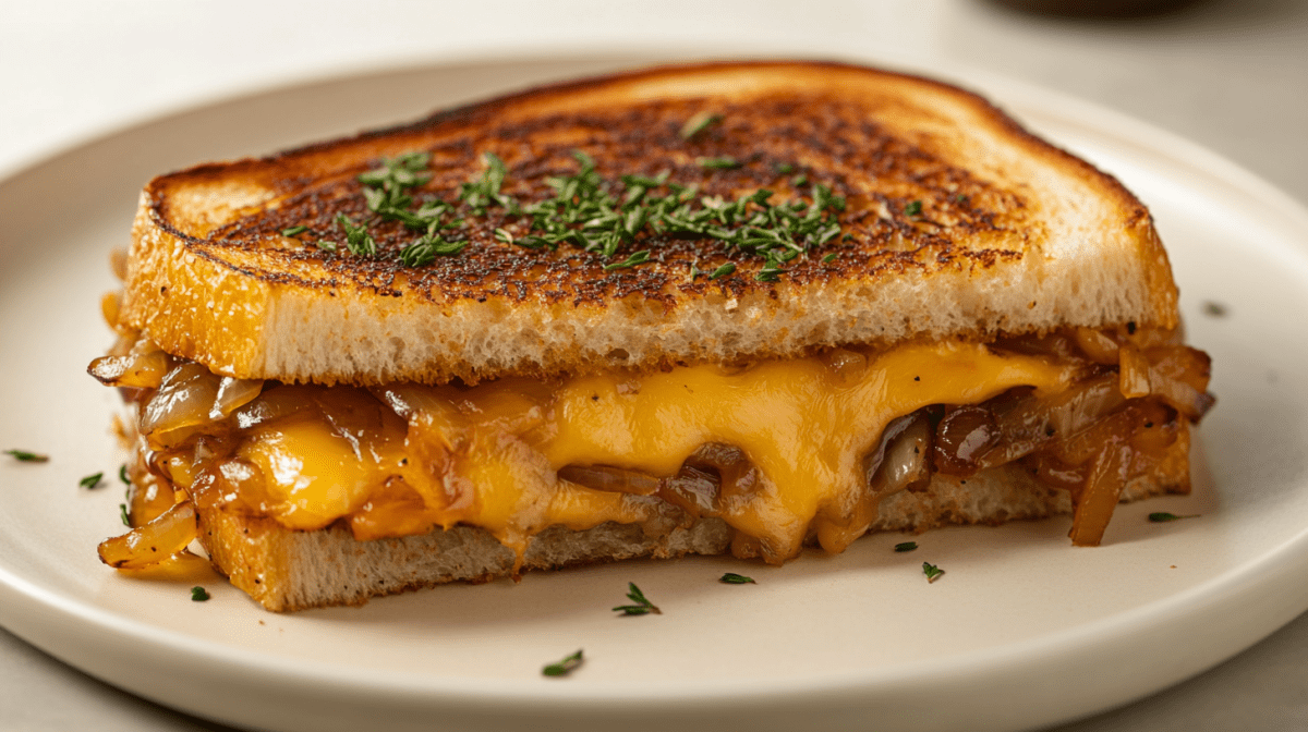 Grilled-Cheese-Sandwich mit Balsamico-Zwiebeln auf einem Teller, bestreut mit KrÃ¤utern.