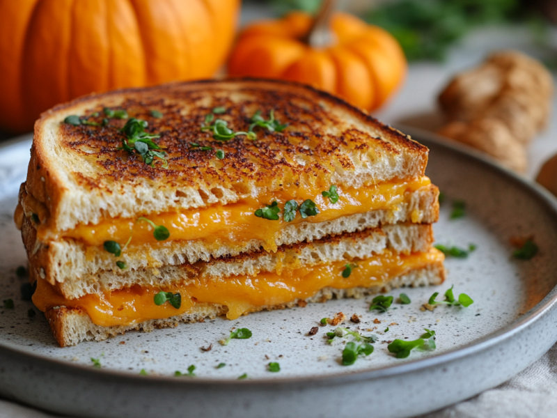 Grilled-Cheese-Sandwiches mit KÃ¼rbiscreme auf einem Teller.