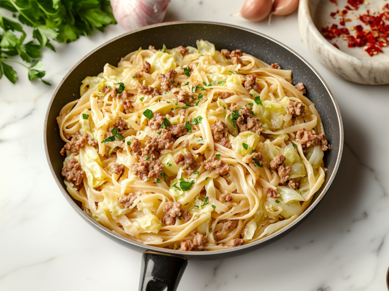 Hackfleisch-Kohl-Pfanne mit Nudeln, daneben frische Petersilie, Knoblauchzehen und einige weitere Zutaten.