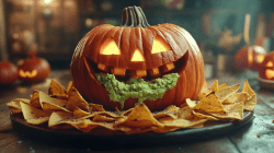 Halloween-Kürbis mit Guacamole und Nachos