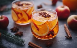 Zwei Gläser Herbst-Sangria. Drumherum sind Zutaten zu sehen.