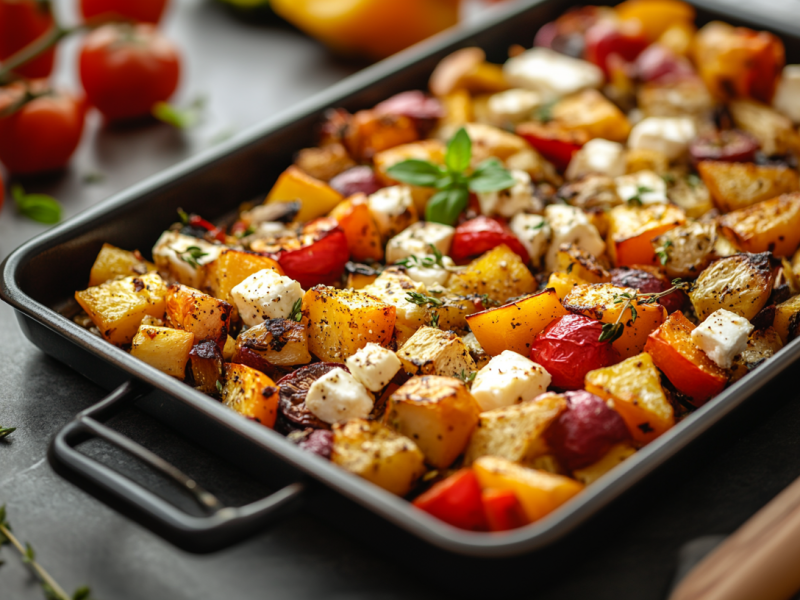 Herbstliches OfengemÃ¼se mit Feta auf einem Blech.